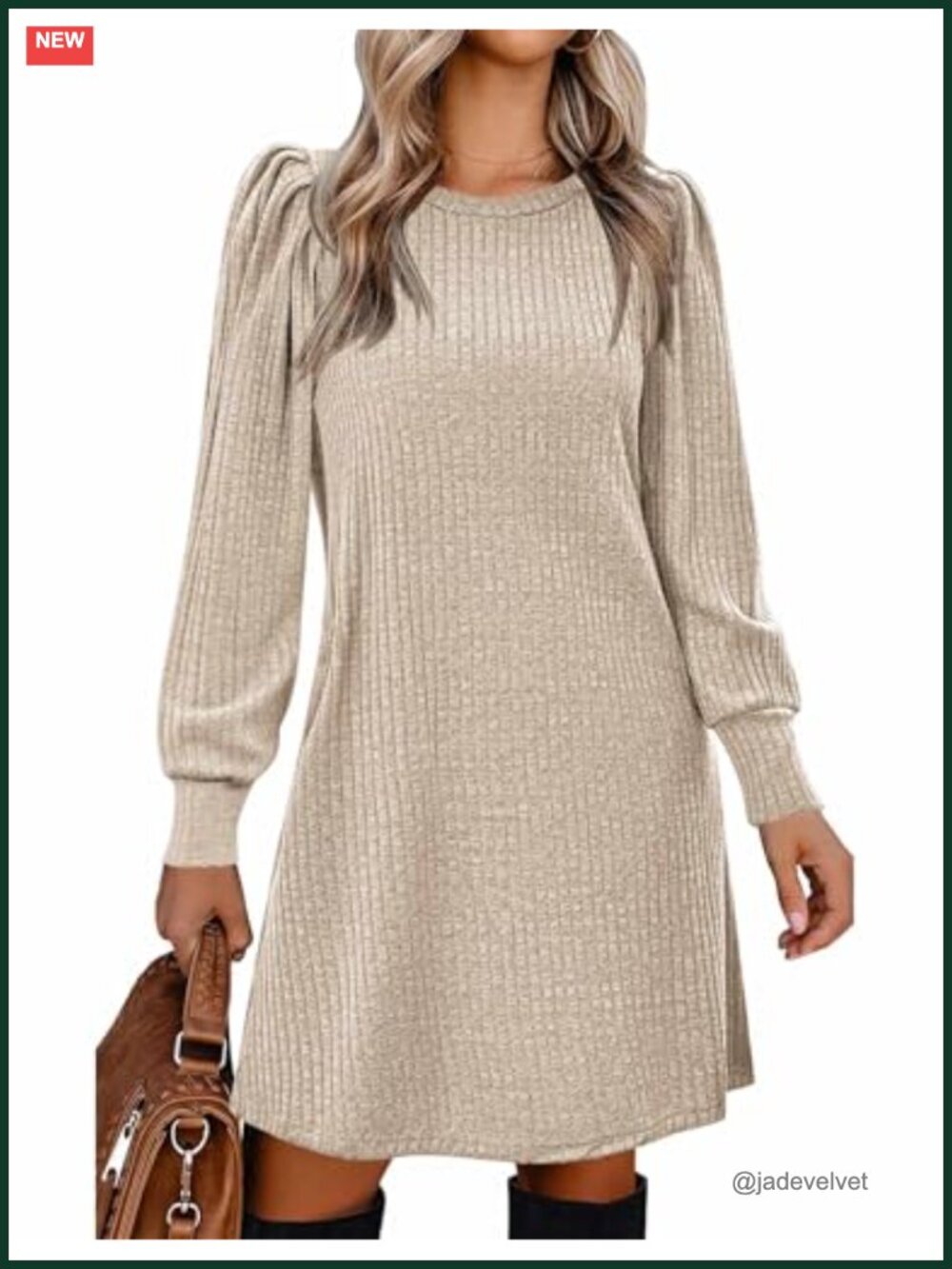 Knitted Pullover Sweater Dress with Puff Sleeves, Pockets